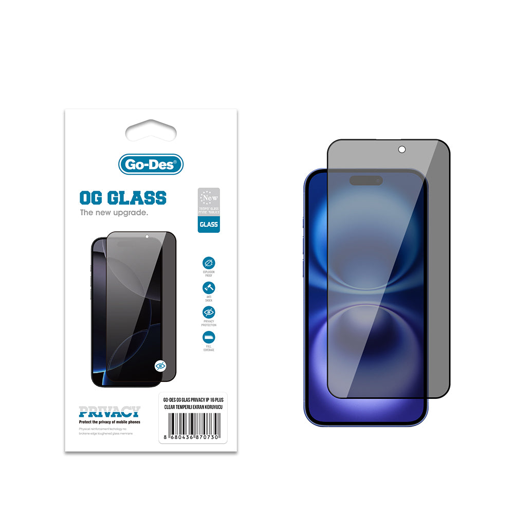 Go Des OG Glass iPhone 16 Plus Privacy Antistatik Temperli Cam Ekran Koruyucu Go Des OG Glass iPhone 16 Plus Privacy Antistatik Temperli Cam Ekran Koruyucu